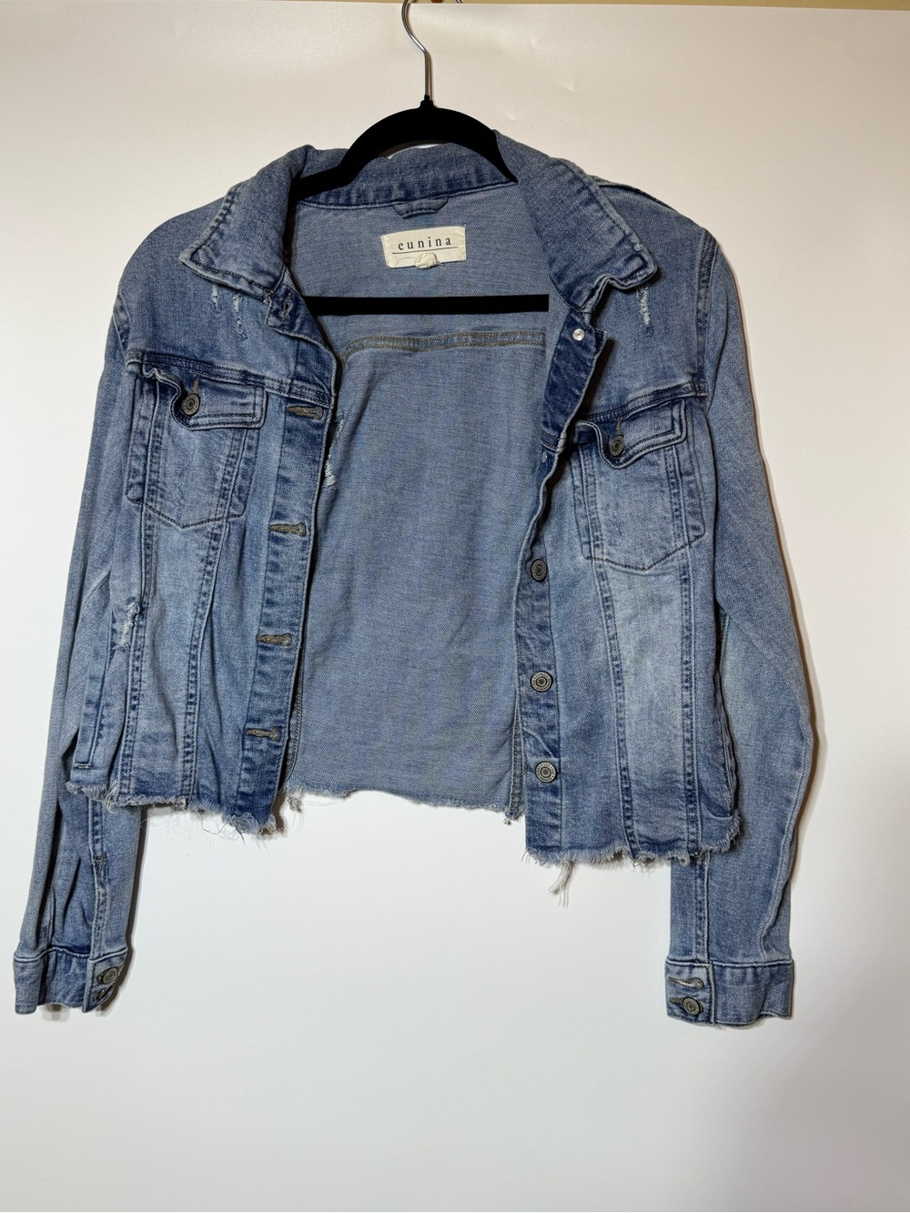 eunina Light Blue Distressed Cropped Denim Jacket